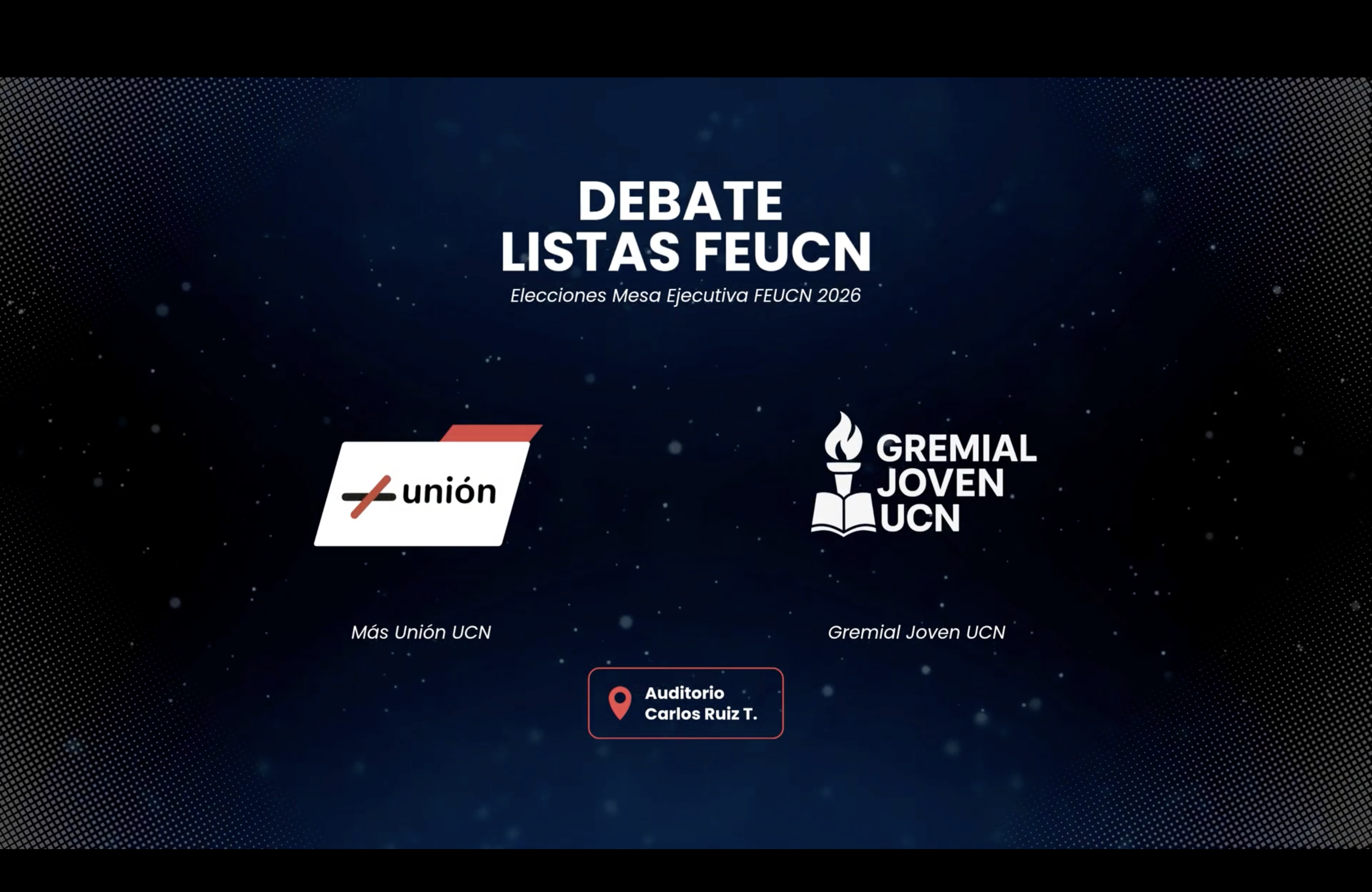 Fondo azul con sombras negras con el titulo "Debate Listas FEUCN" y añade los logos y nombres de ambas listas.