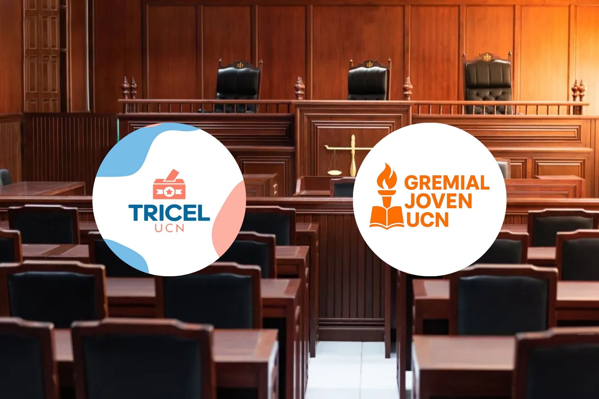 Logo de Gremial Joven y Tricel UCN con un tribunal de fondo.